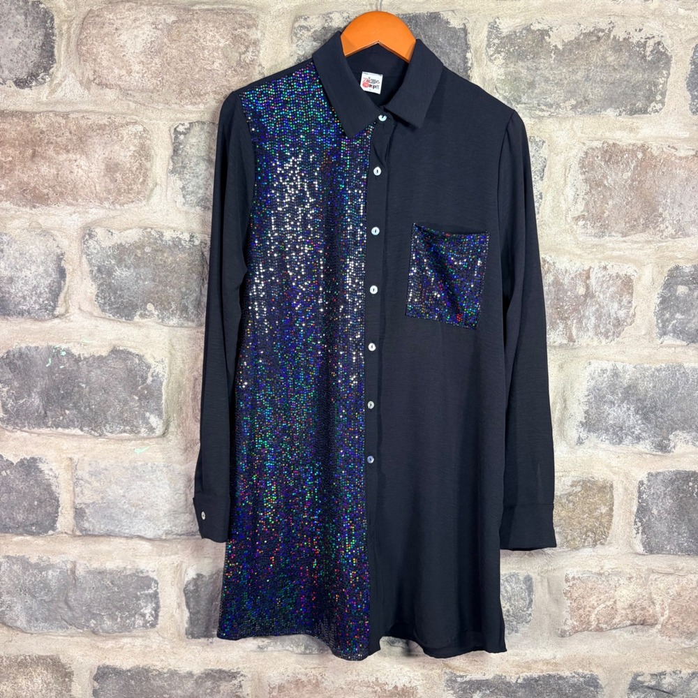 The ZigZag Stripe Women's Black Sequin Longline Tunic Button Down‎ Shirt Large